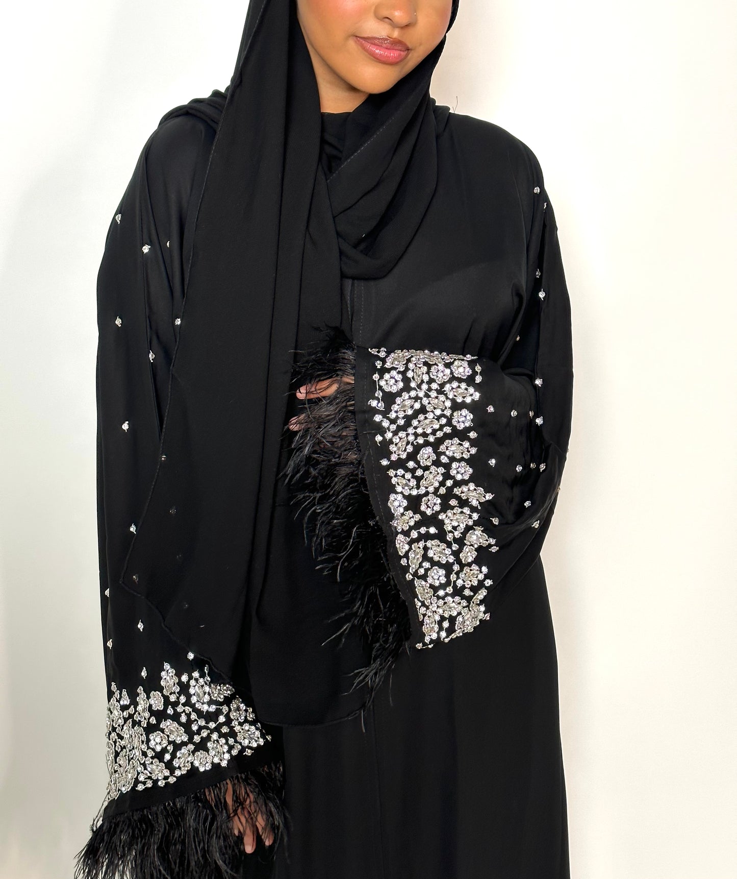 Diamond Galore feathered abaya