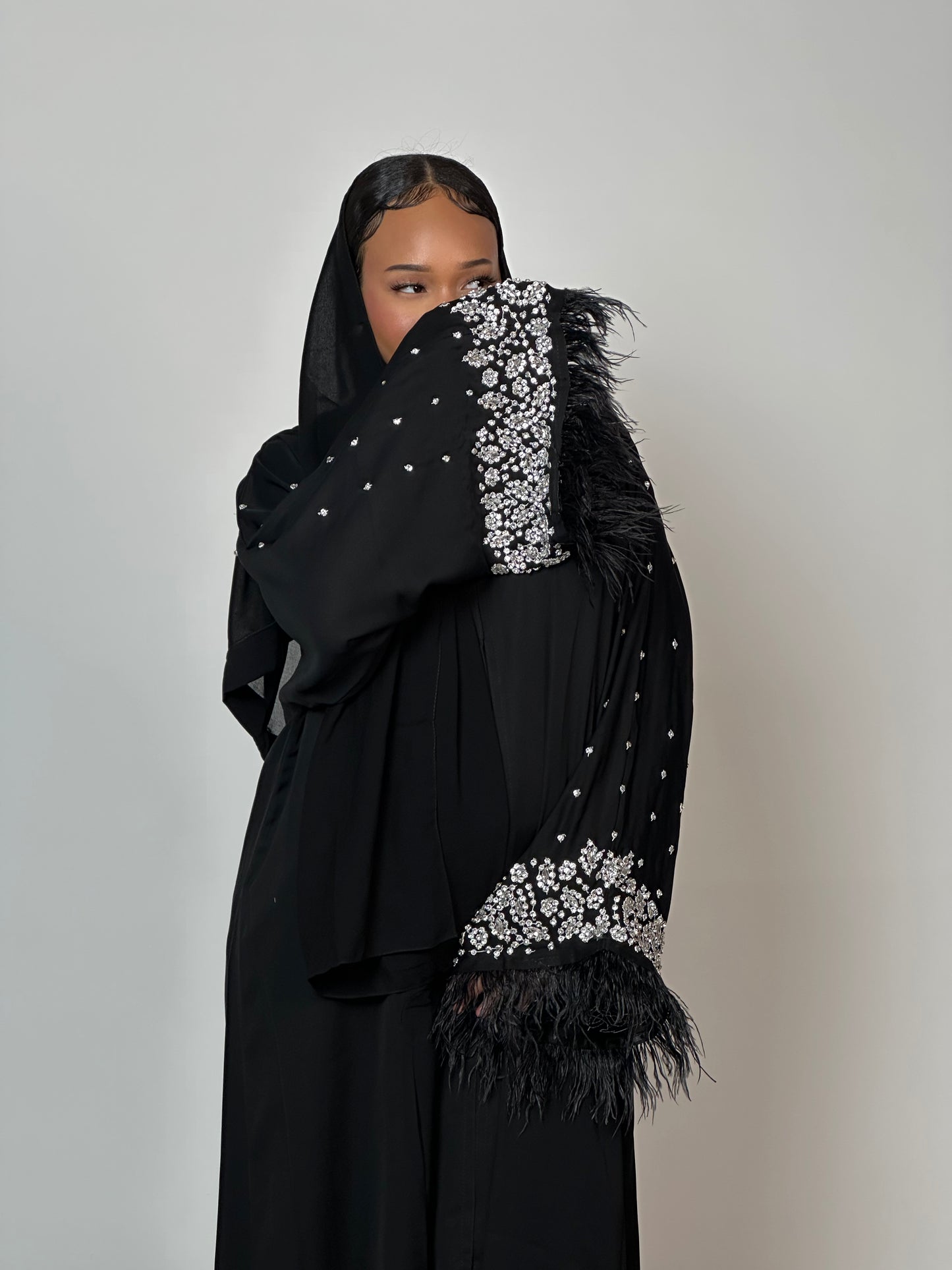 Diamond Galore feathered abaya