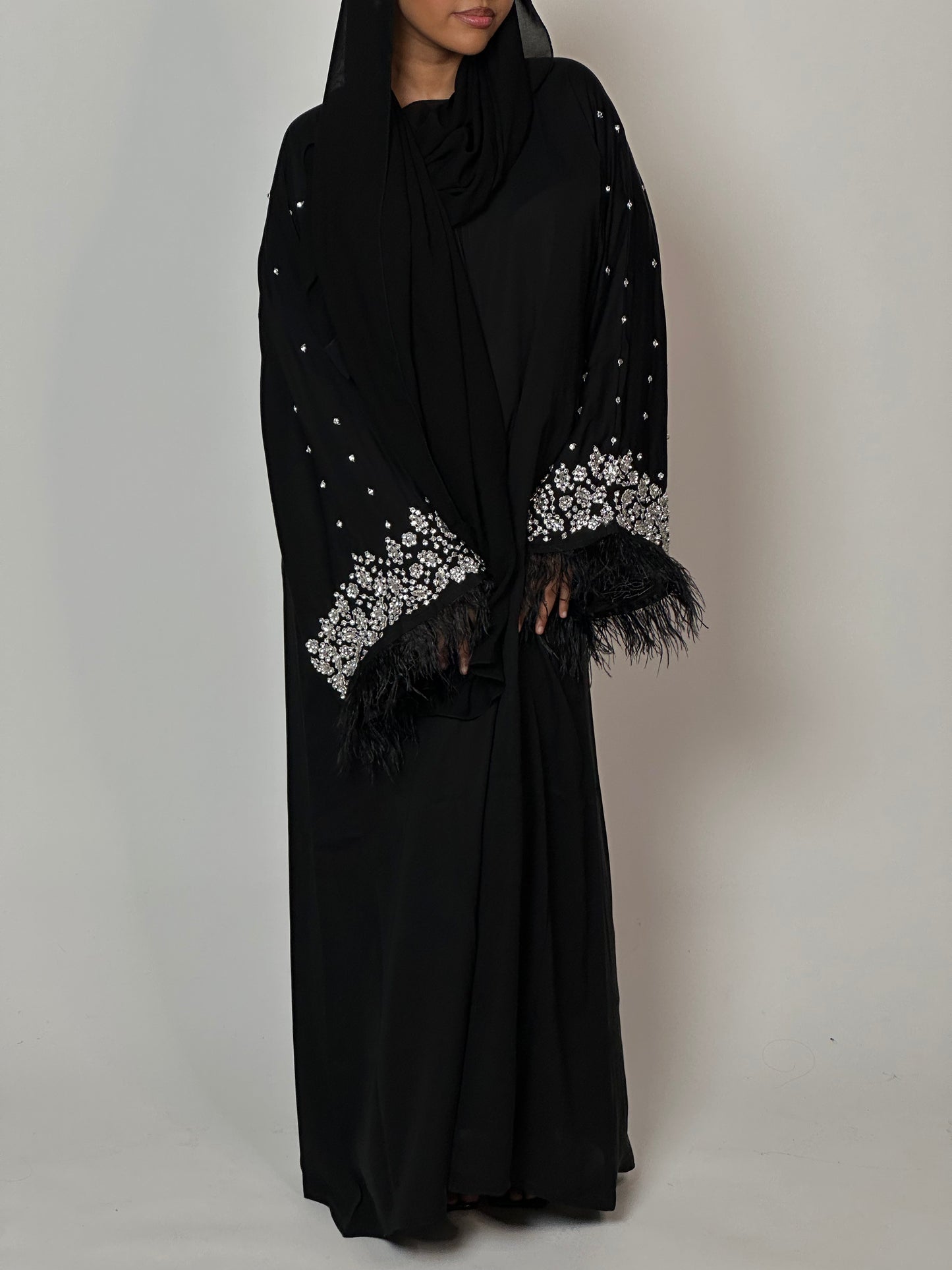Diamond Galore feathered abaya