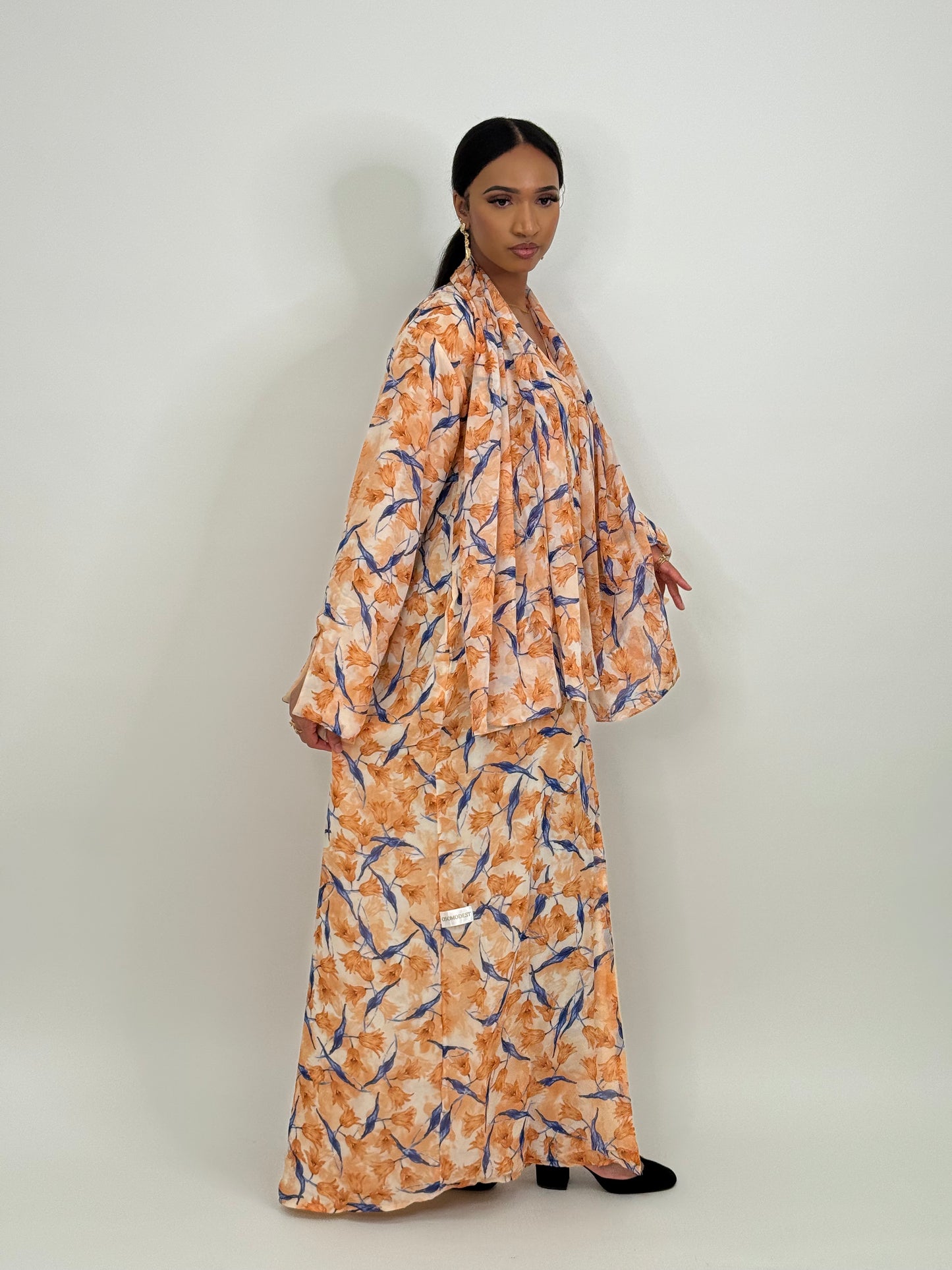 Limited orange and blue bloom printed abaya