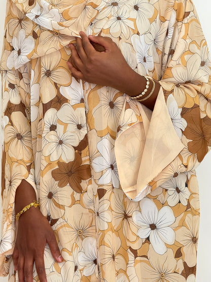 Cream Floral Print abaya set