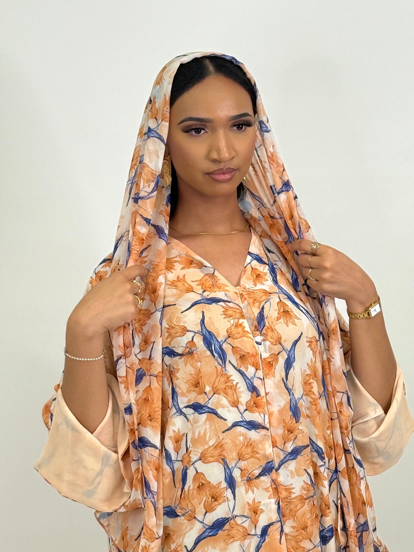 Limited orange and blue bloom printed abaya