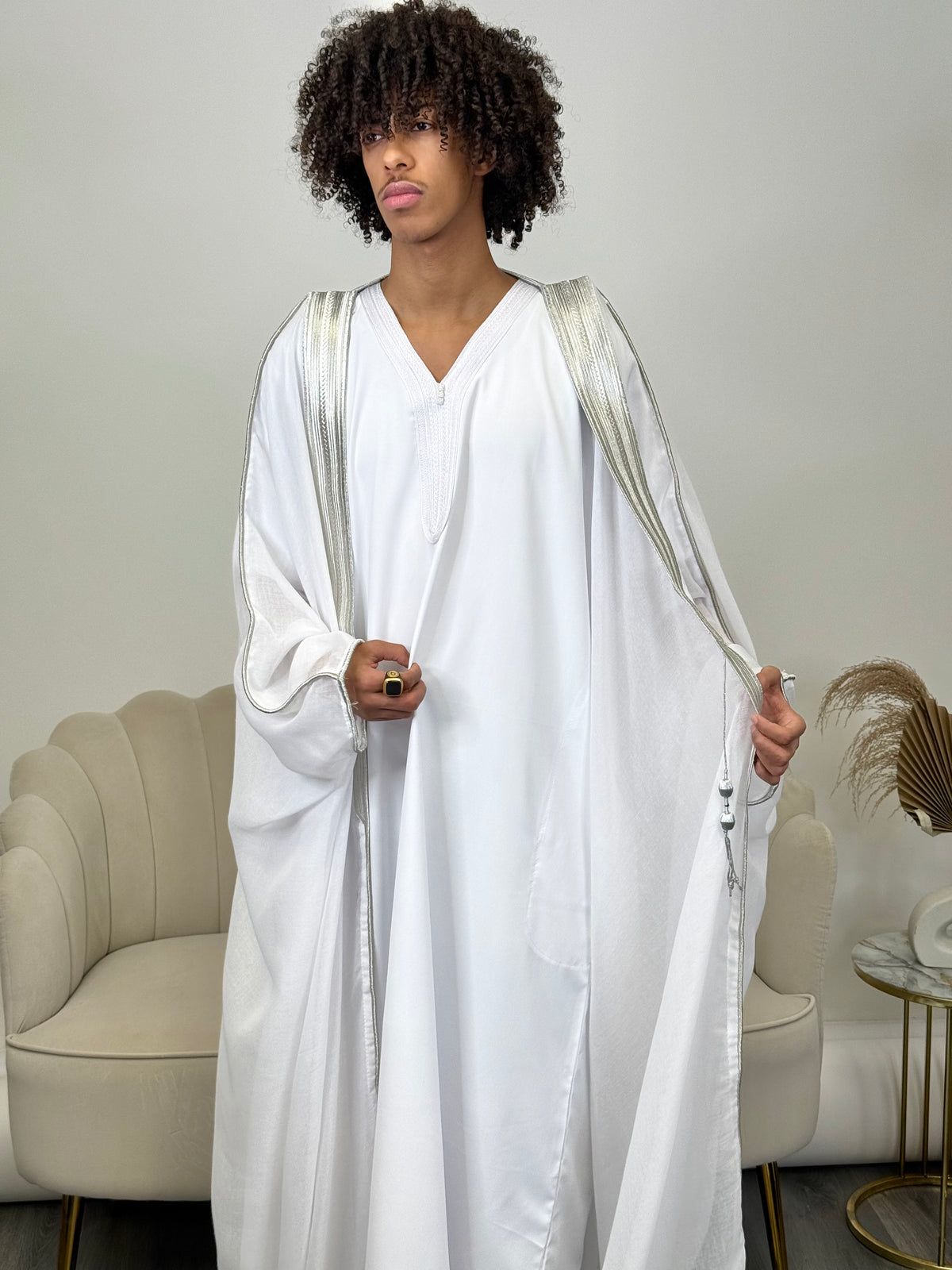 Traditional pure white & silver bisht cloak