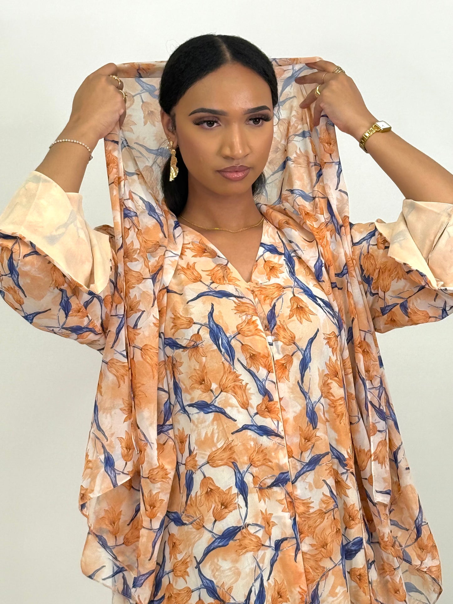 Limited orange and blue bloom printed abaya