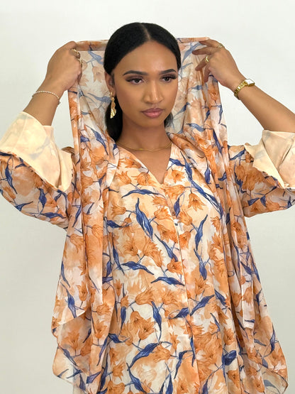 Limited orange and blue bloom printed abaya