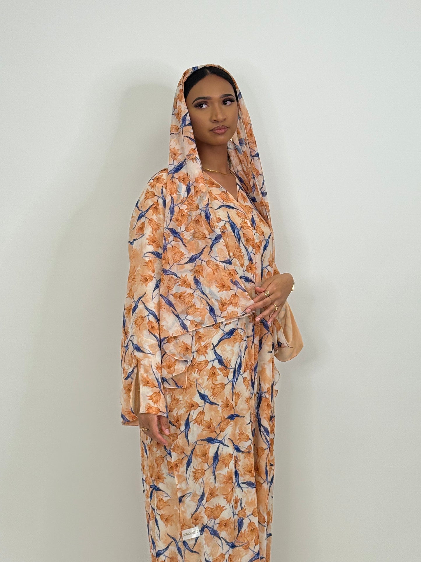 Limited orange and blue bloom printed abaya