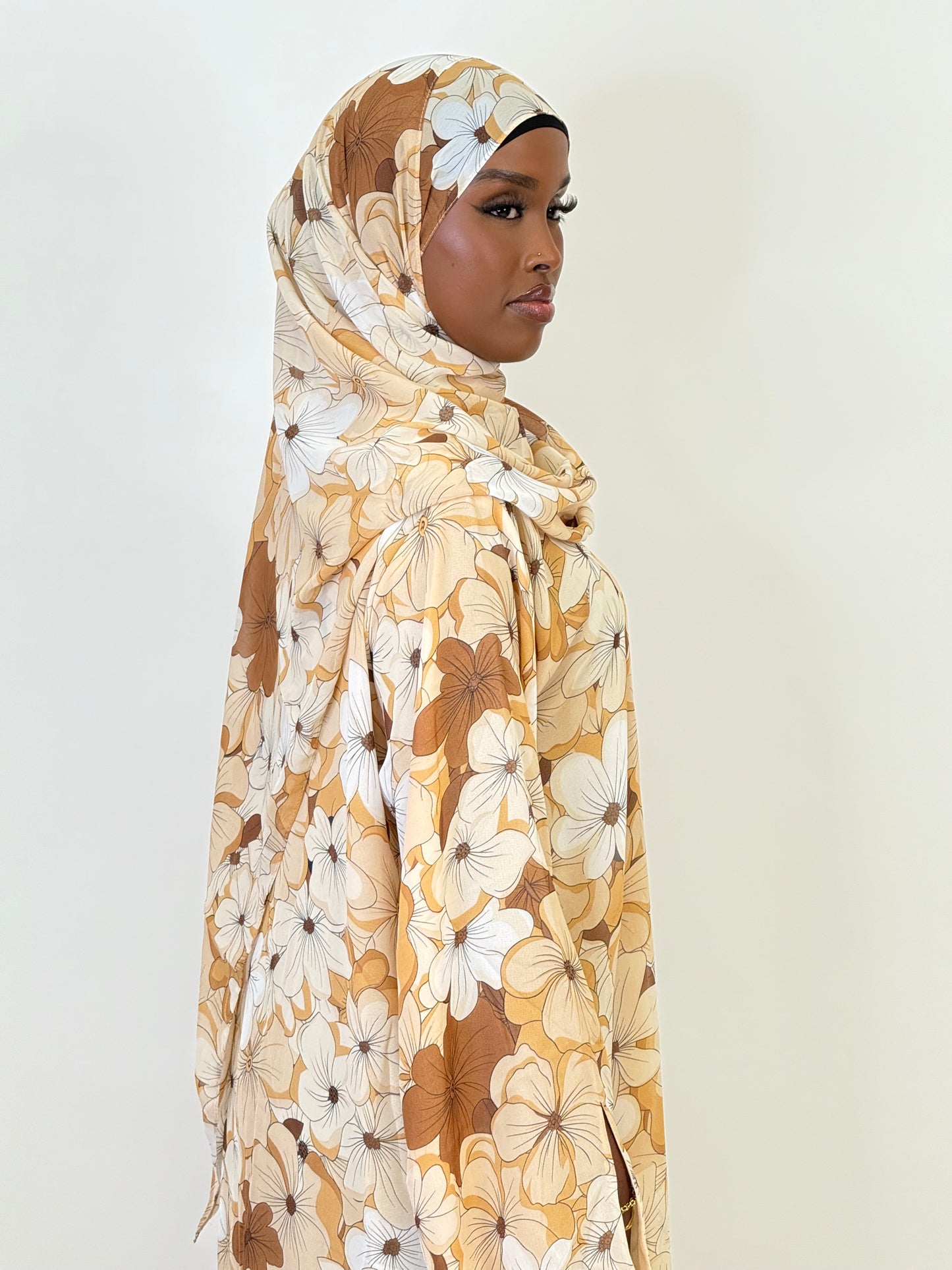 Cream Floral Print abaya set