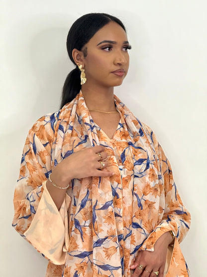 Limited orange and blue bloom printed abaya