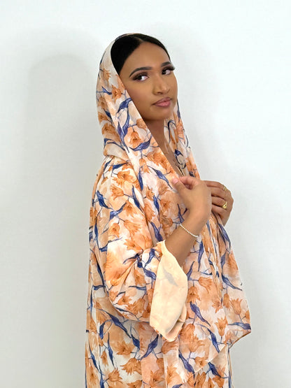 Limited orange and blue bloom printed abaya